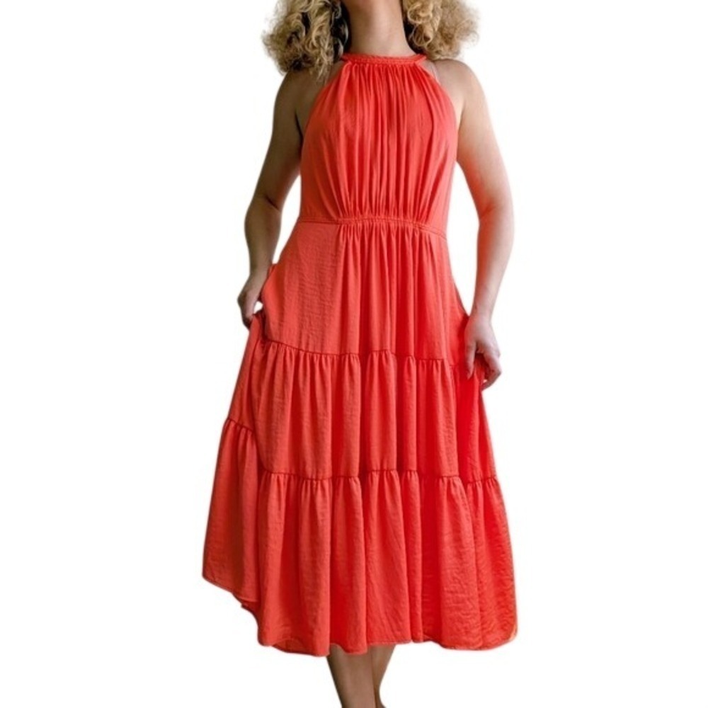 Elie Tahari Cottage Boho Chic Coral Orange Tiered Satin Halter Midi Dress